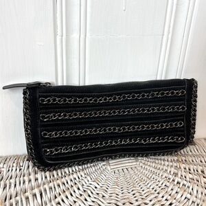 BCBG black suede and chain clutch